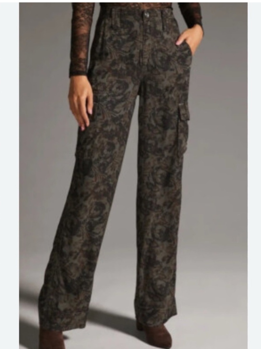 Anthropologie Marrakech Twill Floral Cargo Soft Drape Pants in Olive Green